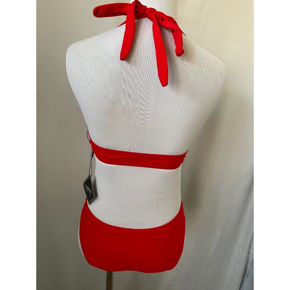 ZAFUL Red Tie Front Bikini Top w/ Matching Peek-a-Boo Racing Style Bikini Bottom - Picture 5 of 12